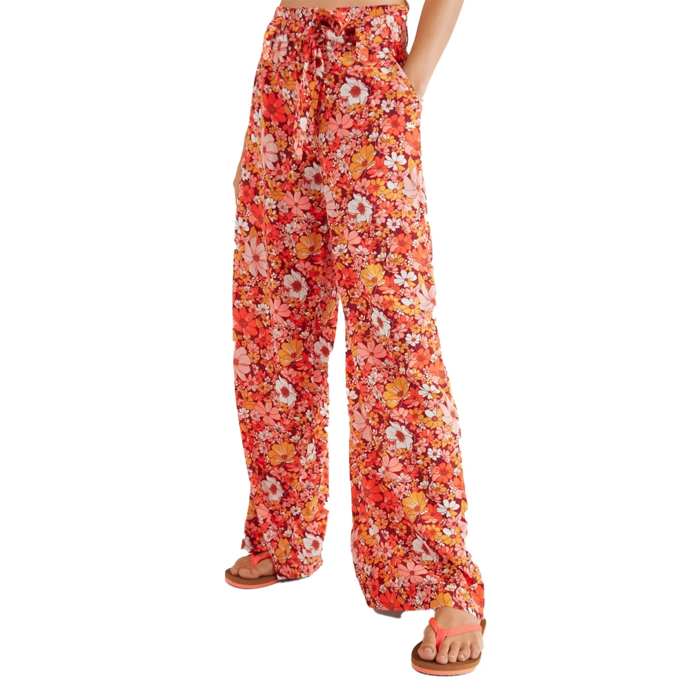 Women Long Pants Elastic Waist Wide Leg Pants with Waistband Fashionable Printing Casual Trousers Orange Floral L