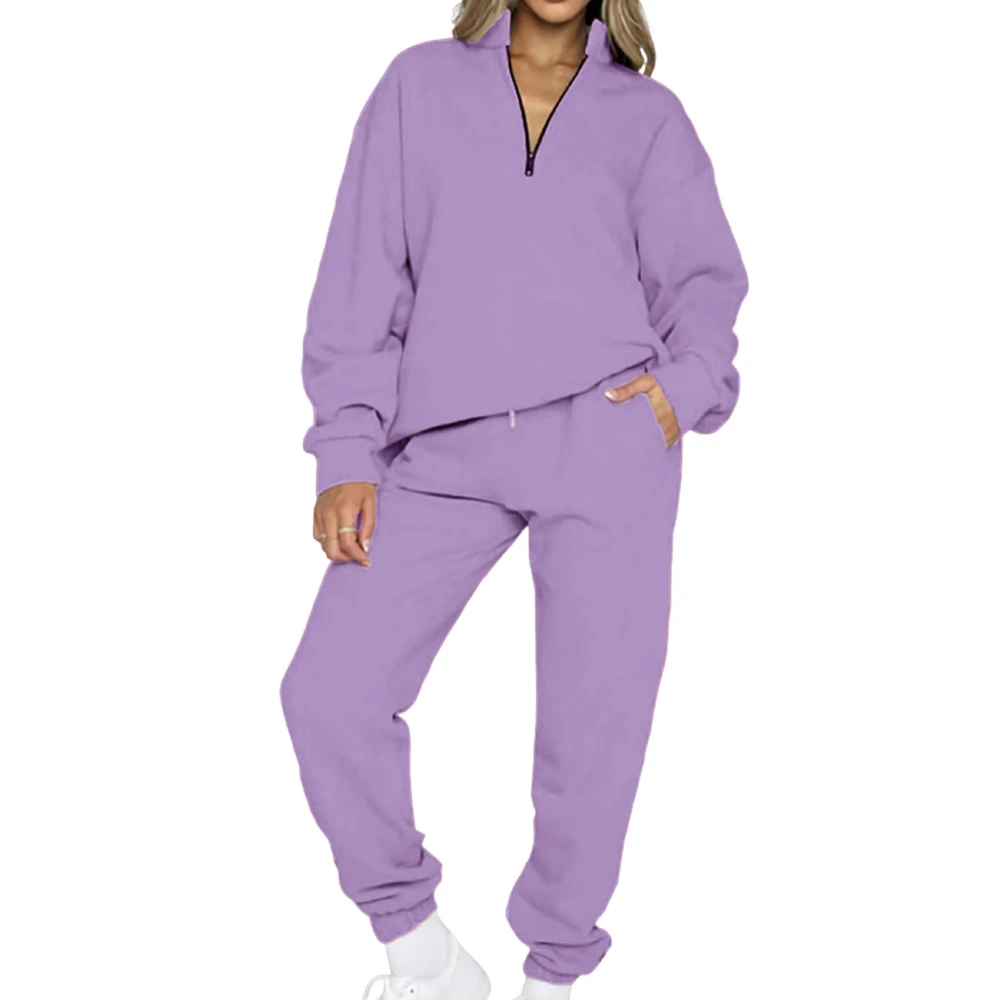 Women Sweatshirt Pants Set V Neck Long Sleeve Pure Color 2 Piece Loose Women Casual Jogging Suits for Daily Fitness Purple S