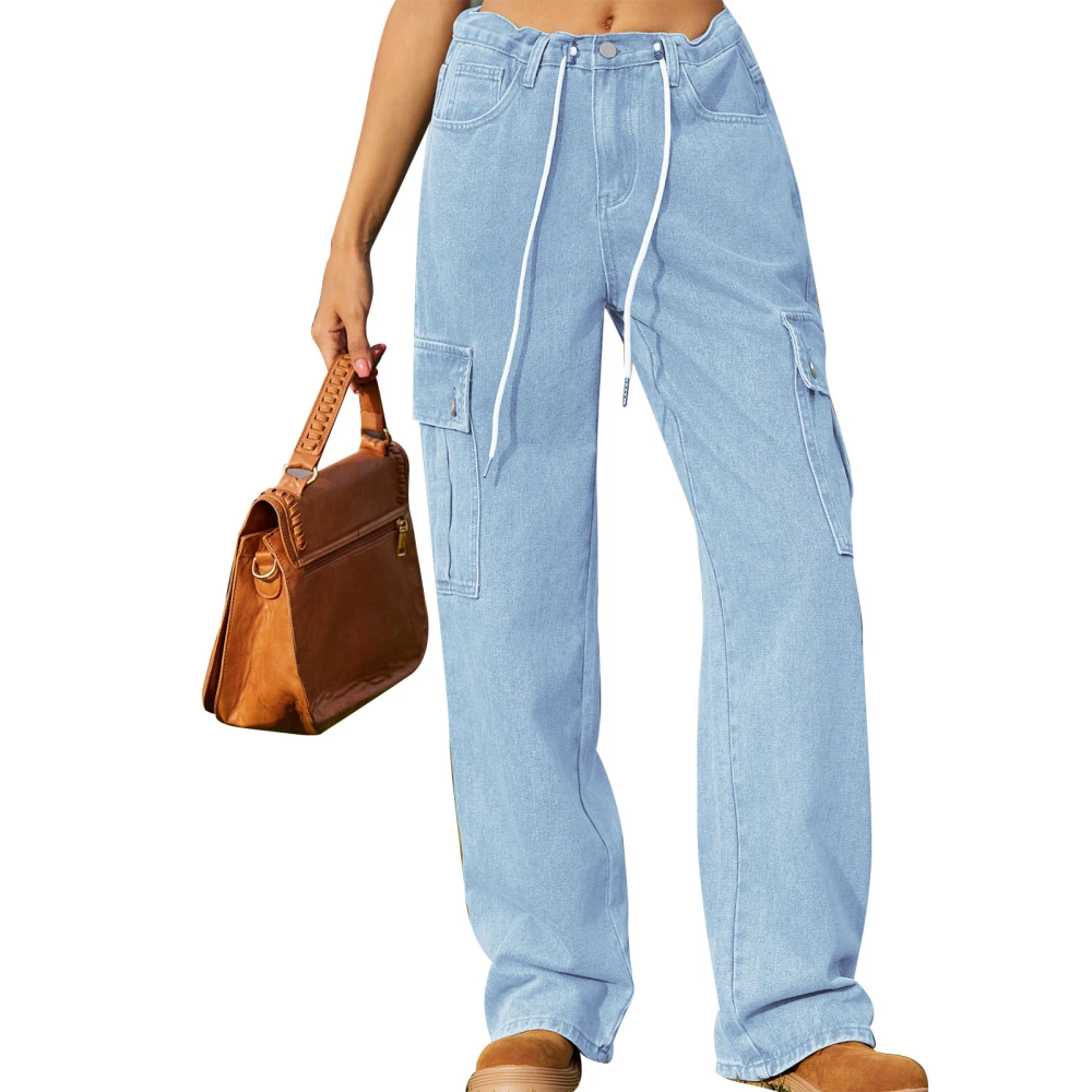 Cargo Pants Adjustable Waist Drawstring Fashion Casual with Large Flag Pockets Wide Leg Light Blue S