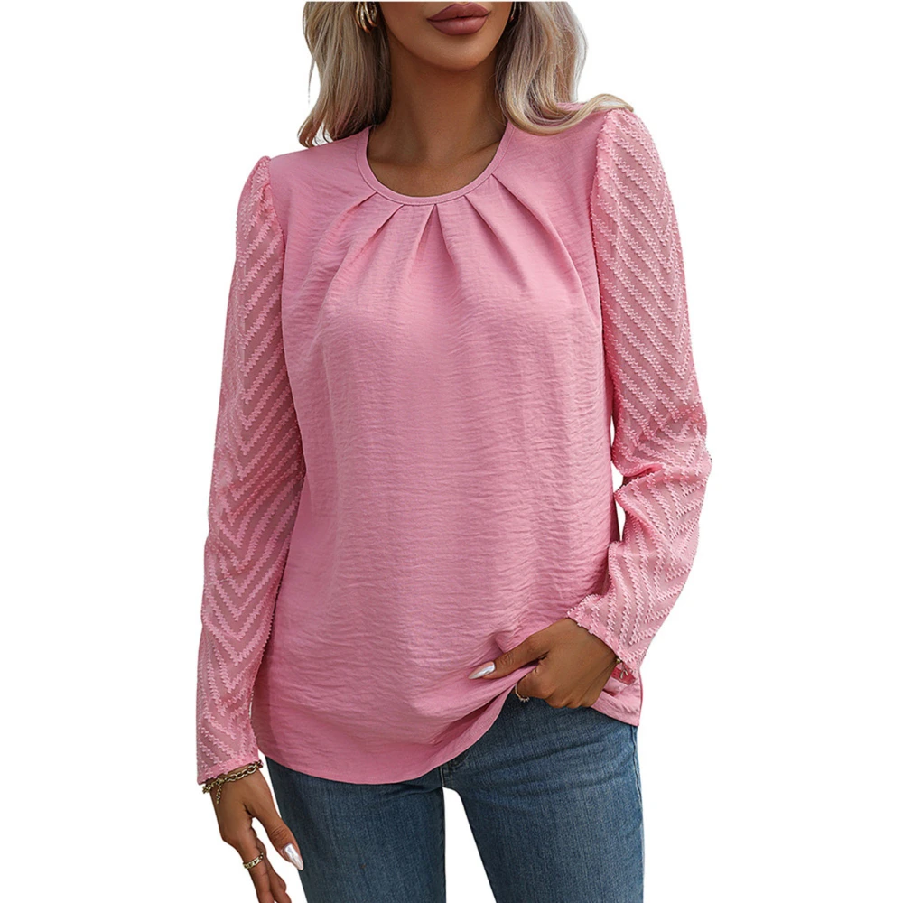 Women Long Sleeve Round Neck Shirt Fashion Casual Pure Color See Through Jacquard Women Long Sleeve Pullover Tops Pink XL