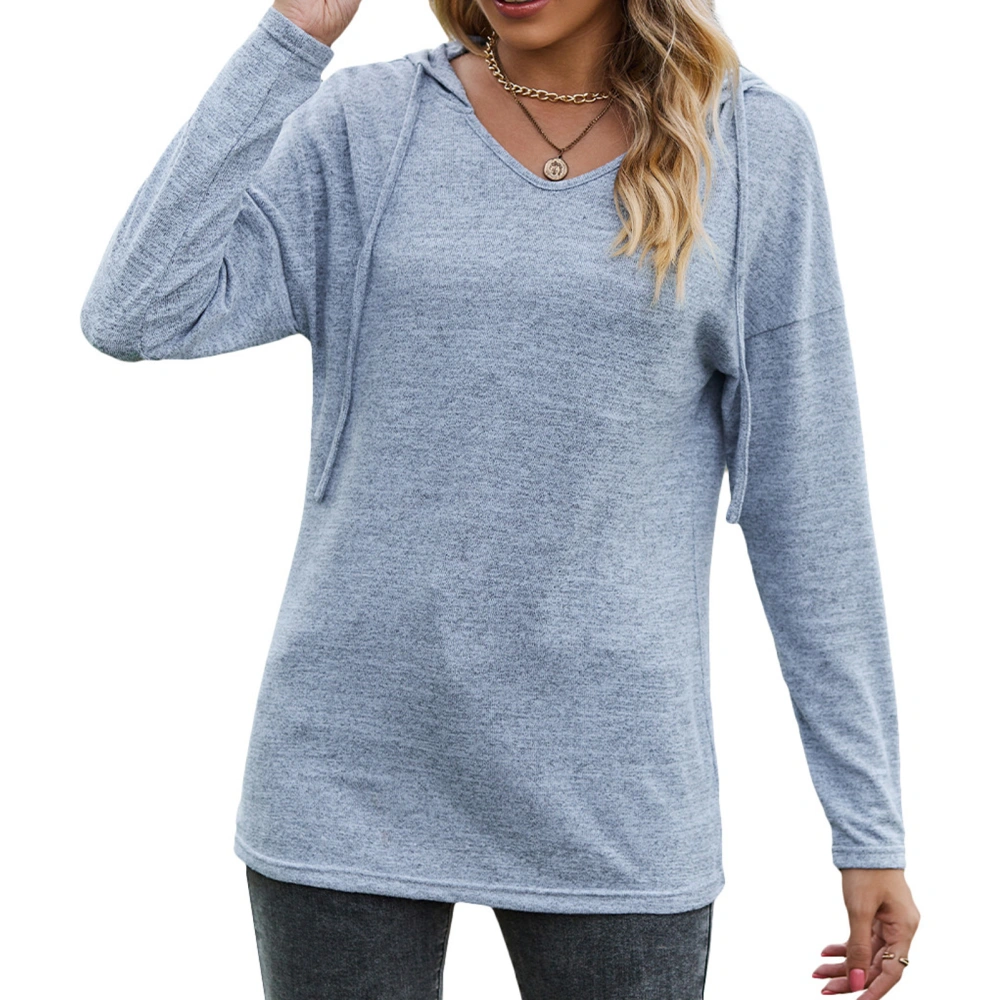 Women Long Sleeve Hoodie V Neck Drawstring Pure Color Loose Casual Hooded T Shirt Light Blue M