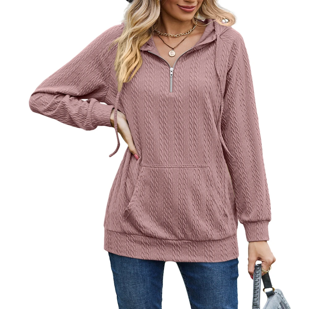 Women Hoodie with Pocket Pure Color Zipper V Neck Plain Color Long Sleeve Hooded Sweatshirt Deep Pink XL