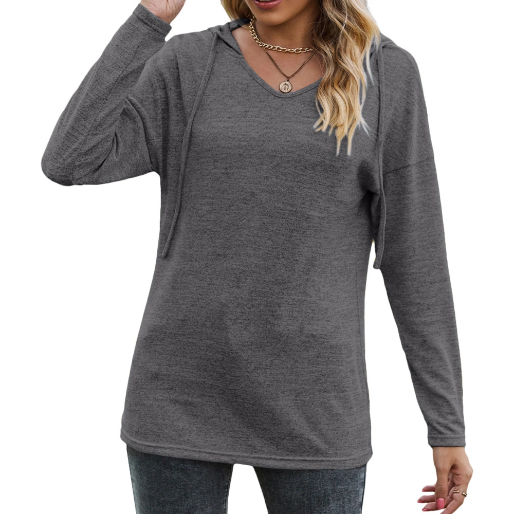 Women Long Sleeve Hoodie V Neck Drawstring Pure Color Loose Casual Hooded T Shirt Dark Gray XXL