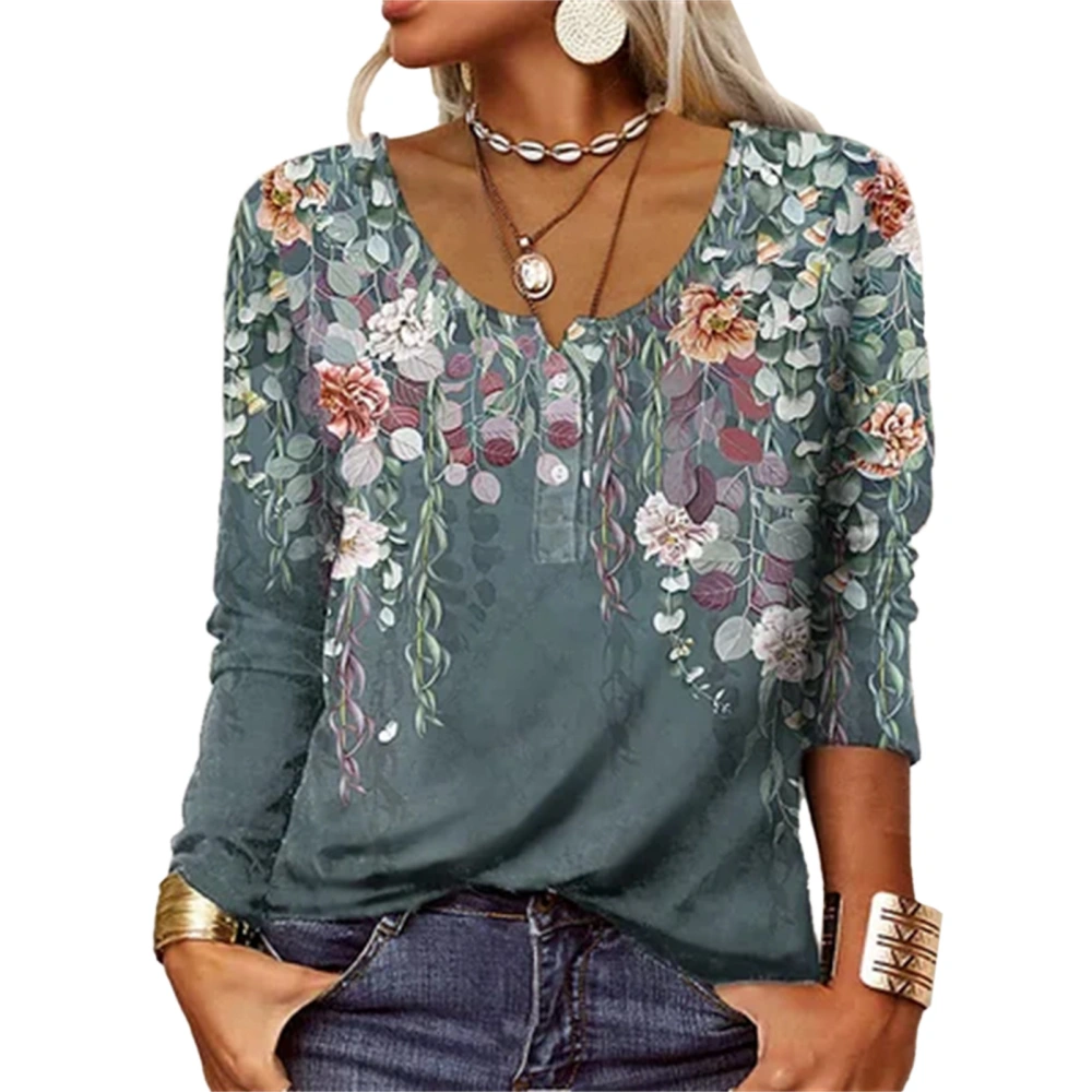 Women Long Sleeve Shirt U Neck Fashion Print 1/4 Button Casual Loose Women Undershirt Top for Daily Work Party Green L