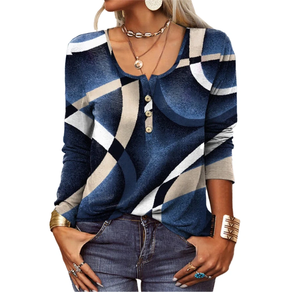 Women Long Sleeve Shirt U Neck Fashion Print 1/4 Button Casual Loose Women Undershirt Top for Daily Work Party Blue XL