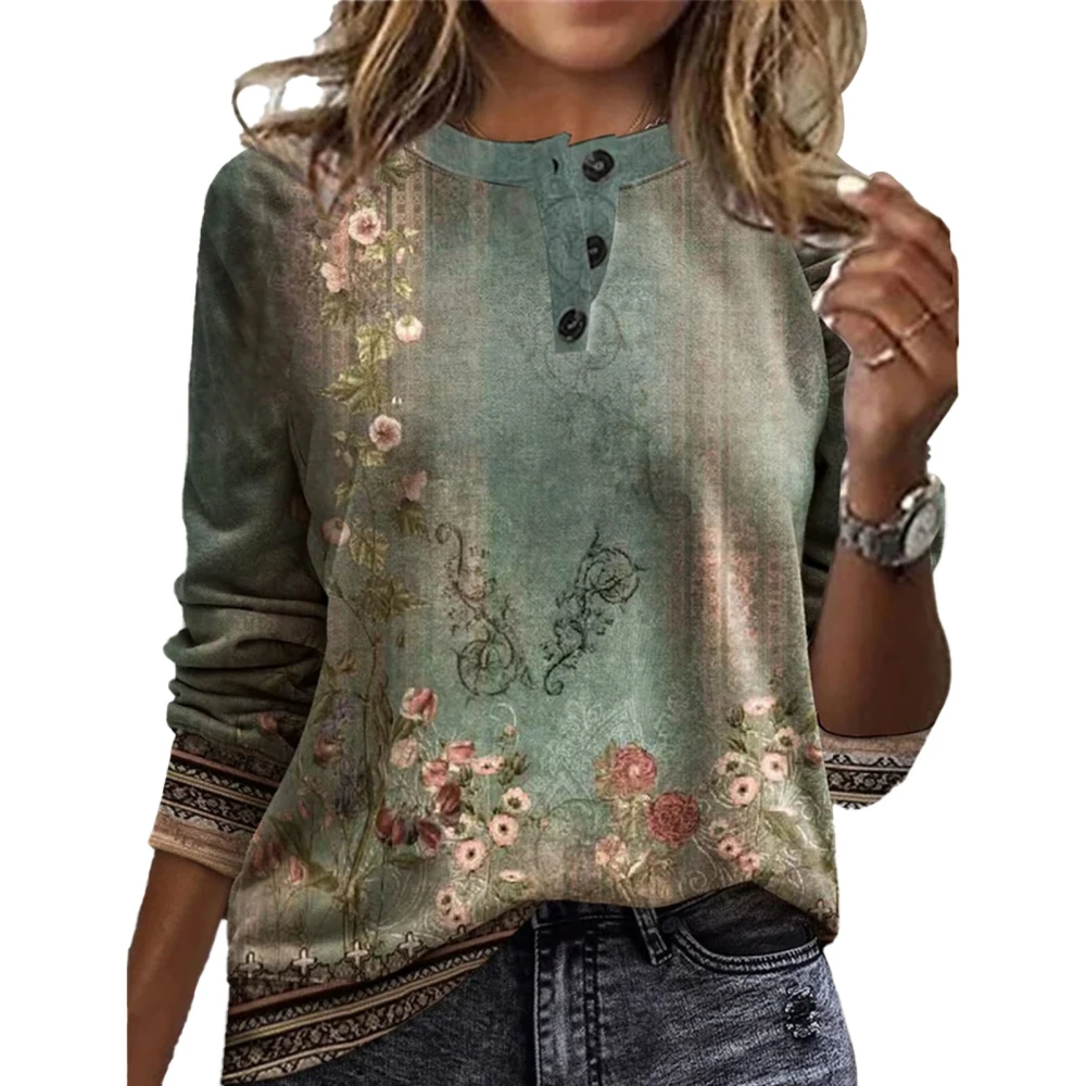 Women Shirt Round Neck Button Collar Loose Jacket Casual Fashion Style Long Sleeve Shirt Blouse Blue Green Painting L