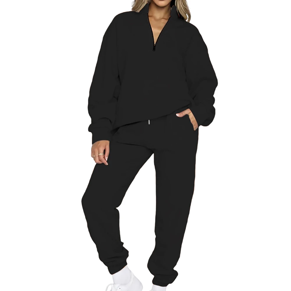 Women Sweatshirt Pants Set V Neck Long Sleeve Pure Color 2 Piece Loose Women Casual Jogging Suits for Daily Fitness Black S