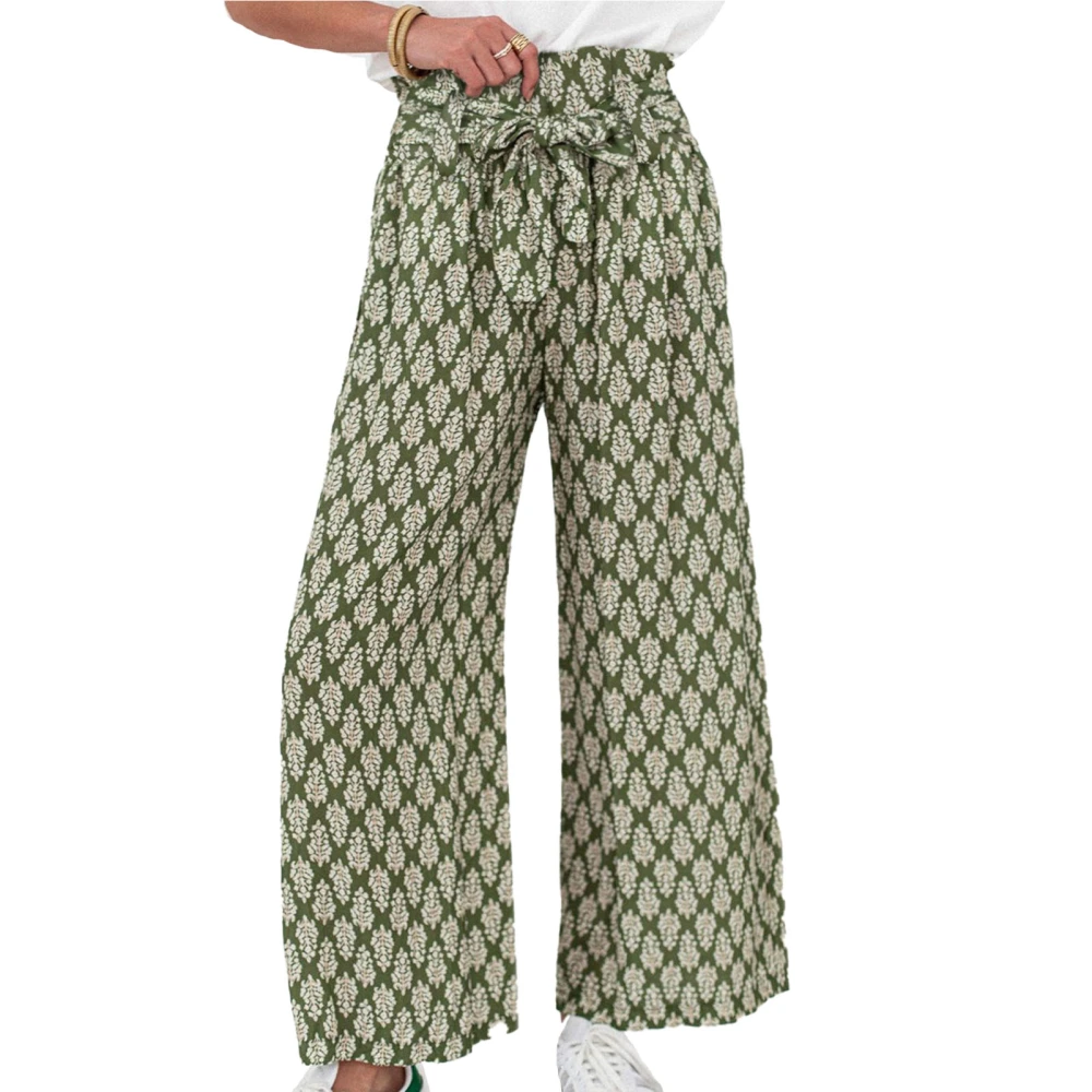 Women Long Pants Elastic Waist Wide Leg Pants with Waistband Fashionable Printing Casual Trousers Green Cloth Printing L