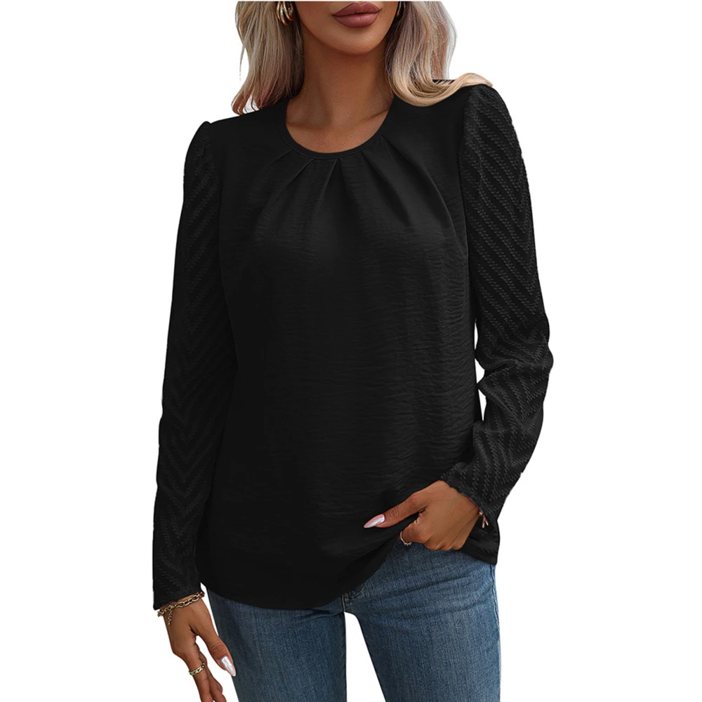 Women Long Sleeve Round Neck Shirt Fashion Casual Pure Color See Through Jacquard Women Long Sleeve Pullover Tops Black XL