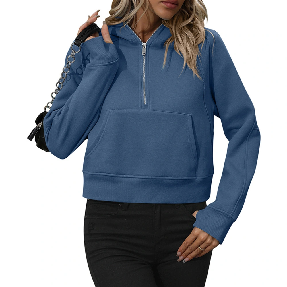 Half Zipper Drawstring Sweatshirt Long Sleeve Short Type Women Quarter Zip Pullover with Pocket Dark Blue XXL