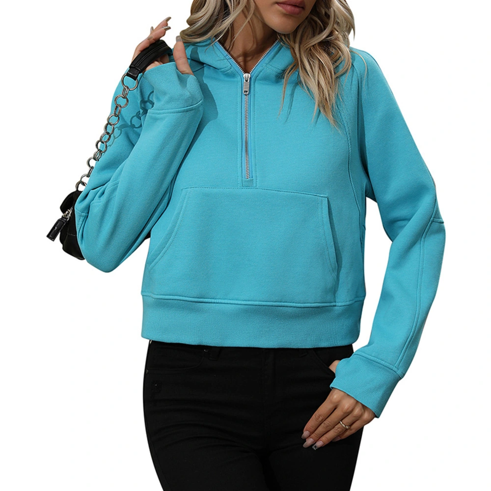 Half Zipper Drawstring Sweatshirt Long Sleeve Short Type Women Quarter Zip Pullover with Pocket Lake Blue XL