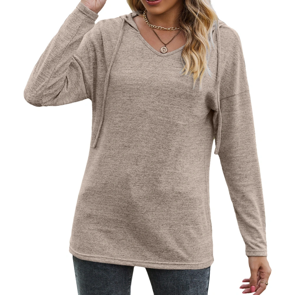 Women Long Sleeve Hoodie V Neck Drawstring Pure Color Loose Casual Hooded T Shirt Khaki S