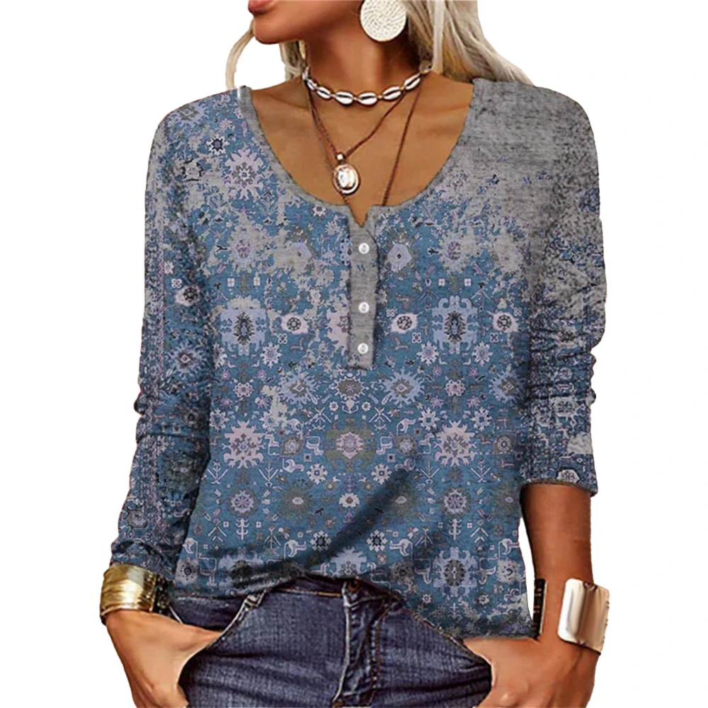 Woman U Neck Print Top Button Front Long Sleeve Shirt Loose Leisure Top for Daily Life Blue L