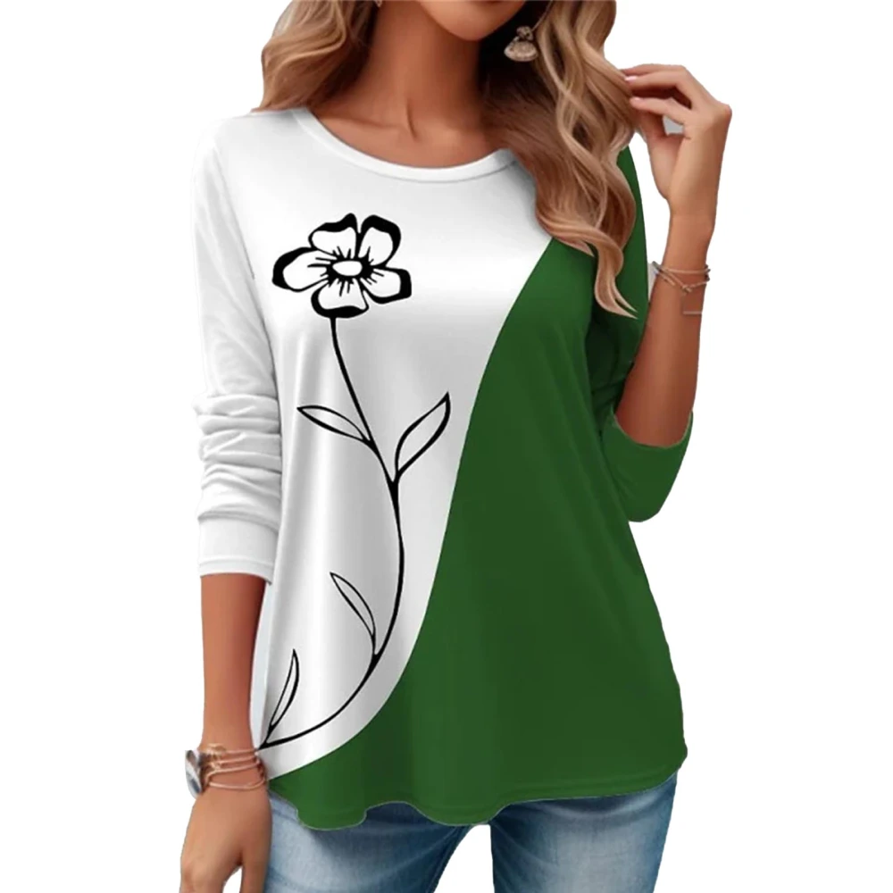 Long Sleeve Print T Shirt Round Neck Color Blocking Casual Loose Comfortable Blouse for Shopping Party Travel Green XL