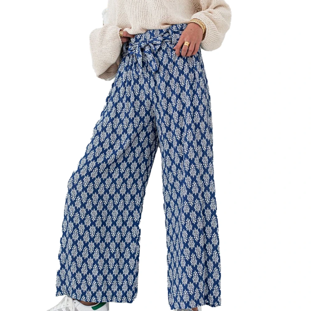 Women Long Pants Elastic Waist Wide Leg Pants with Waistband Fashionable Printing Casual Trousers Blue Cloth Printing XL