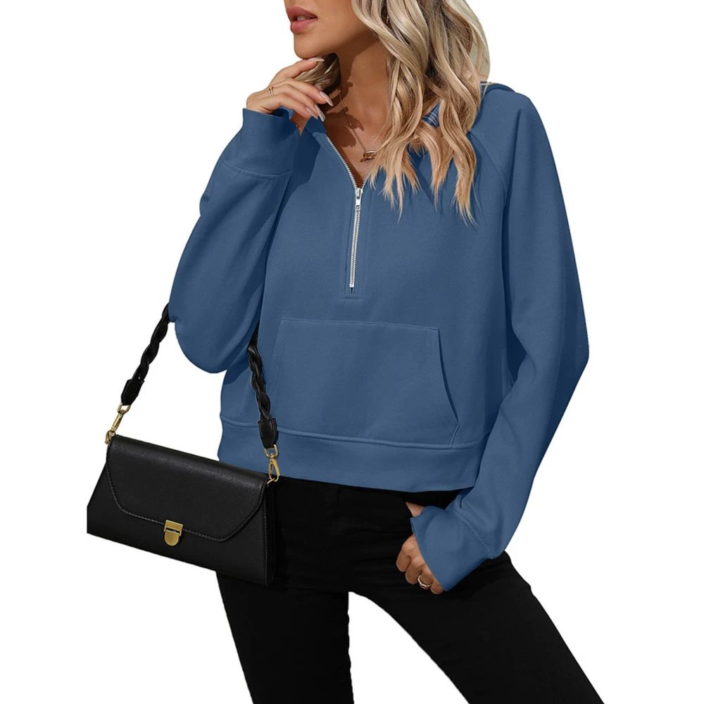 Women Hooded Sweatshirt Long Sleeve Half Zip Loose Fit Pure Color Lady Pullover Hoodie with Pocket Dark Blue S