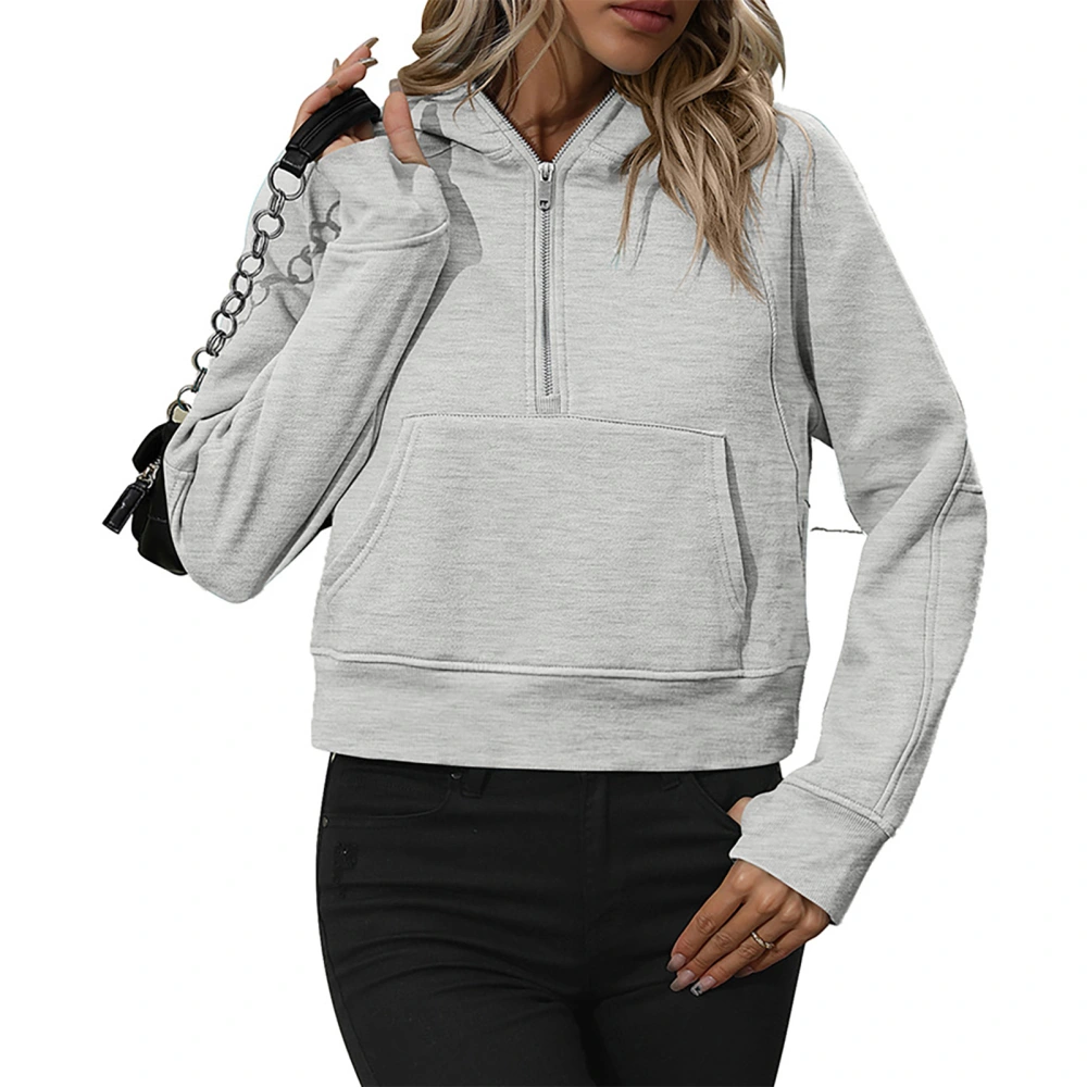 Half Zipper Drawstring Sweatshirt Long Sleeve Short Type Women Quarter Zip Pullover with Pocket Light Gray L