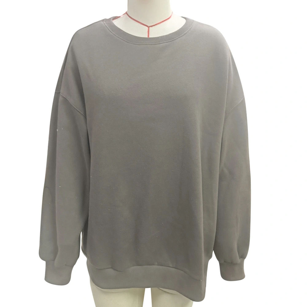 Female Crew Neck Sweatshirt Fashioable Long Sleeve Drop Shoulder Pure Color Pullover Shirt Gray Coffee XXL