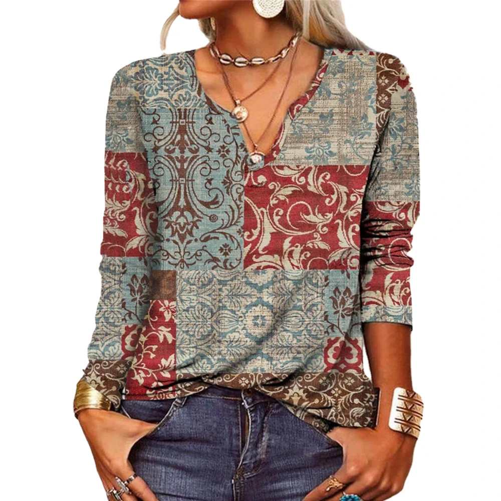 Woman Print V Neck Shirt Loose Long Sleeve Shirt Leisure Pullover Top for Working Shopping Red Flower XXL