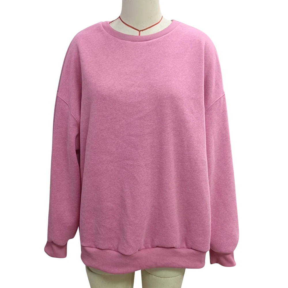 Women Round Crew Neck Sweatshirt Casual Long Sleeve Drop Shoulder Pure Color Pullover Top Pink XL