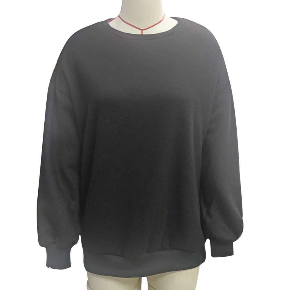 Female Crew Neck Sweatshirt Fashioable Long Sleeve Drop Shoulder Pure Color Pullover Shirt Black XXL