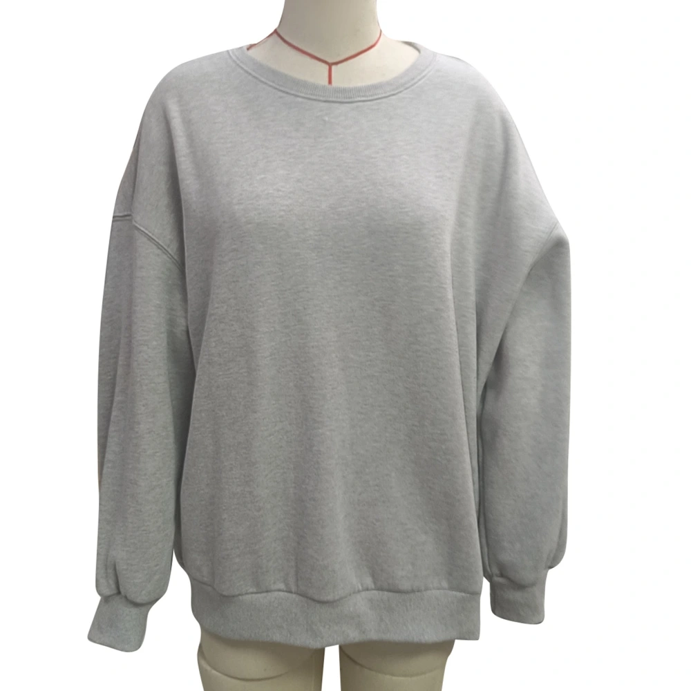 Women Round Crew Neck Sweatshirt Casual Long Sleeve Drop Shoulder Pure Color Pullover Top Light Gray M