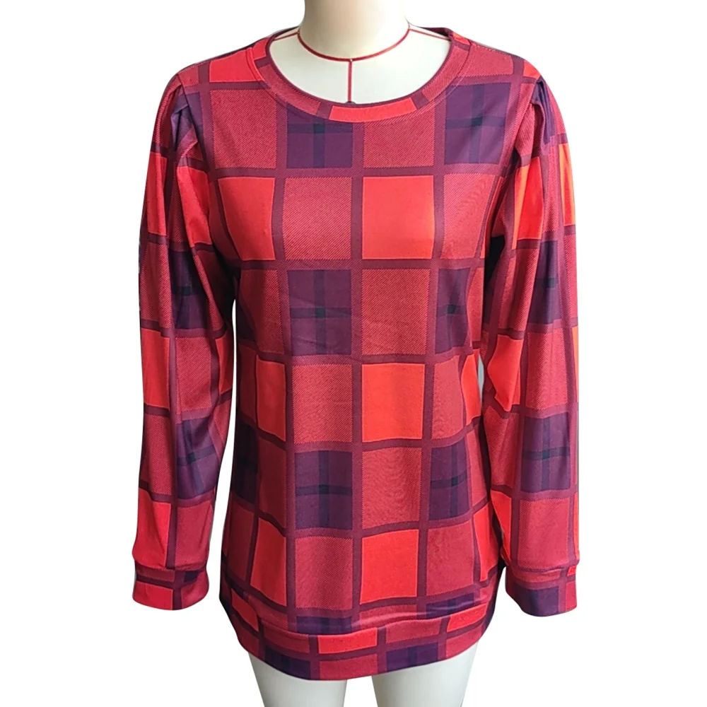 Round Neck Long Sleeve Blouse Basic Casual Fitted Long Sleeve Blouse Top for Women Dating Red Grid L