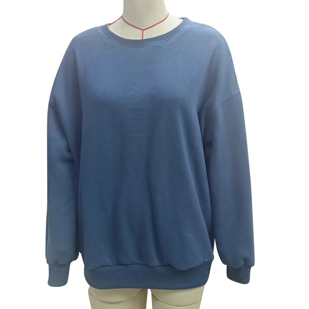 Female Crew Neck Sweatshirt Fashioable Long Sleeve Drop Shoulder Pure Color Pullover Shirt Blue L