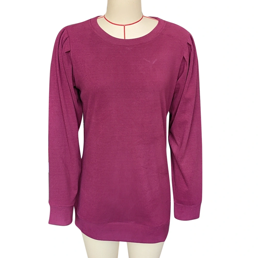 Women Round Neck T Shirt Pleated Shoulder Long Sleeves Loose Fitting Casual Blouses Wine Red M