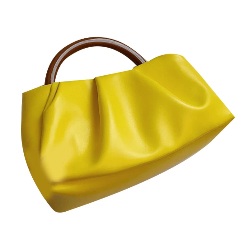 Women Handbag Ring Handle Popular Pleats Fashionable Portable Moderate Capacity Shoulder Bag for Shopping Party Yellow Free Size