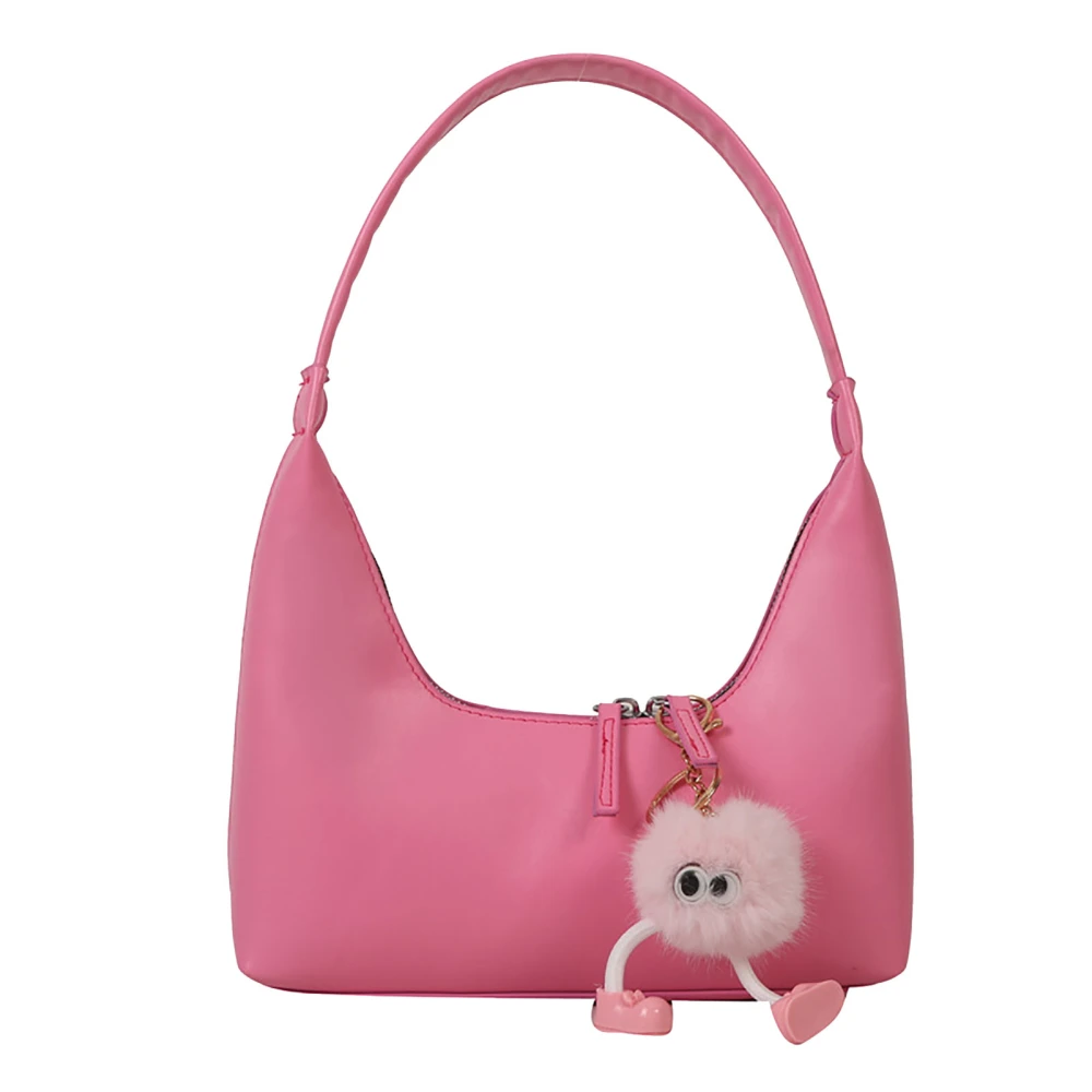 Single Shoulder Bag Simple Stylish Vibrant Color Soft Handle PU Leather Small Handbag with Plush Pendant for Party Pink Free Size