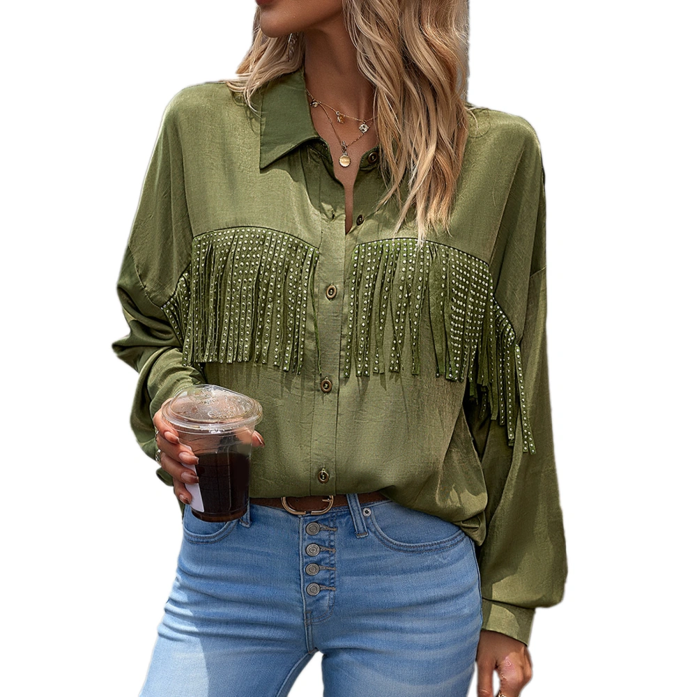 Tassel Long Sleeve Blouse Turn Down Collar Drop Shoulder Button Up Tassel Trim Blouse Shirt Green S