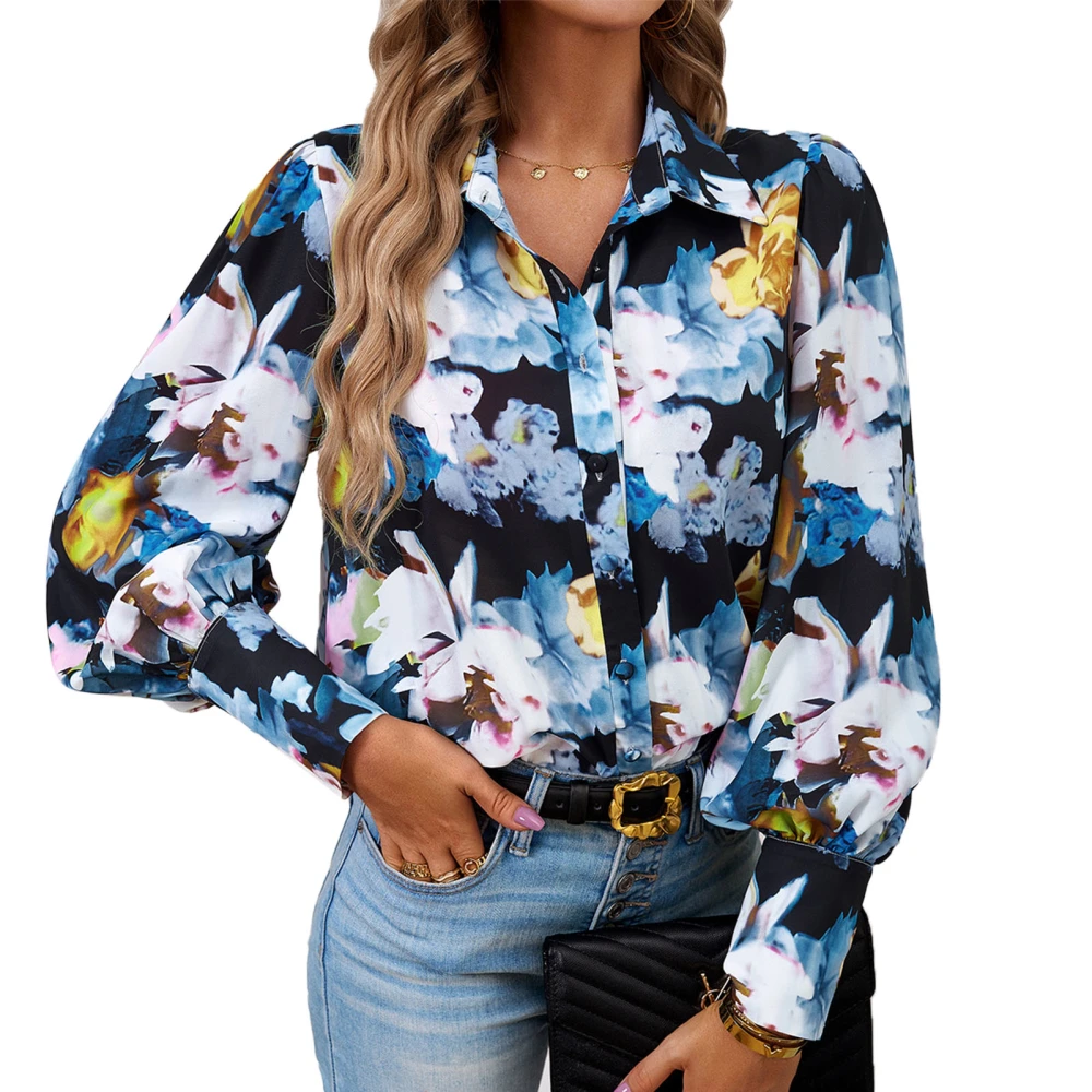 Women Button Down Shirt Printed Loose Comfortable Long Sleeve Collared Blouse for Work Shopping Office School White Flowers On Black Background M