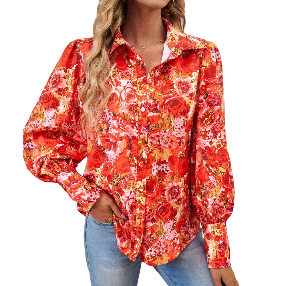 Women Button Down Shirt Printed Loose Comfortable Long Sleeve Collared Blouse for Work Shopping Office School Red S