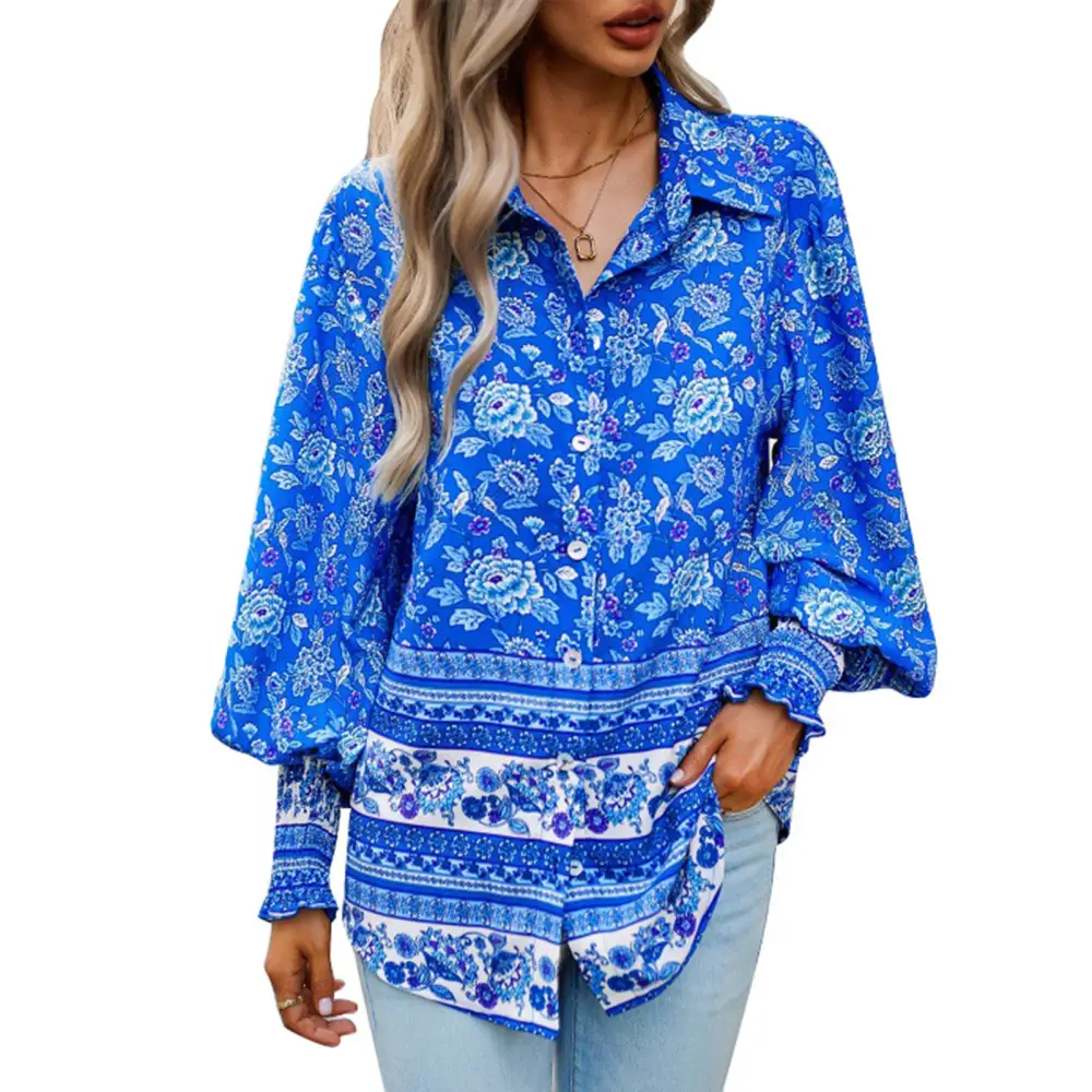 Woman Fashion Print Shirt Turn Down Collar Button Up Shirt Elastic Shirred Cuff Decoration Long Sleeve Shirt Blue M