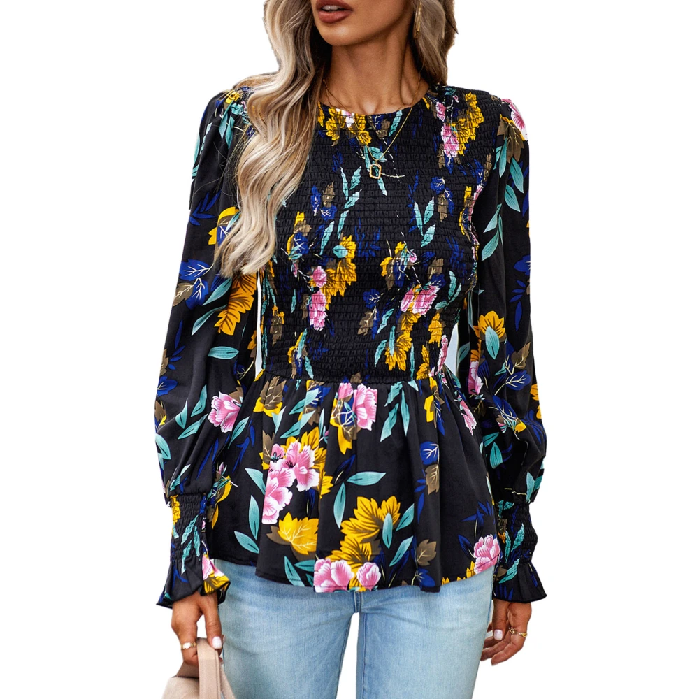 Women Blouse Long Lantern Sleeve Round Neck Shirred Ruffle Hem Print Casual Lady Top for Autumn Winter Black L