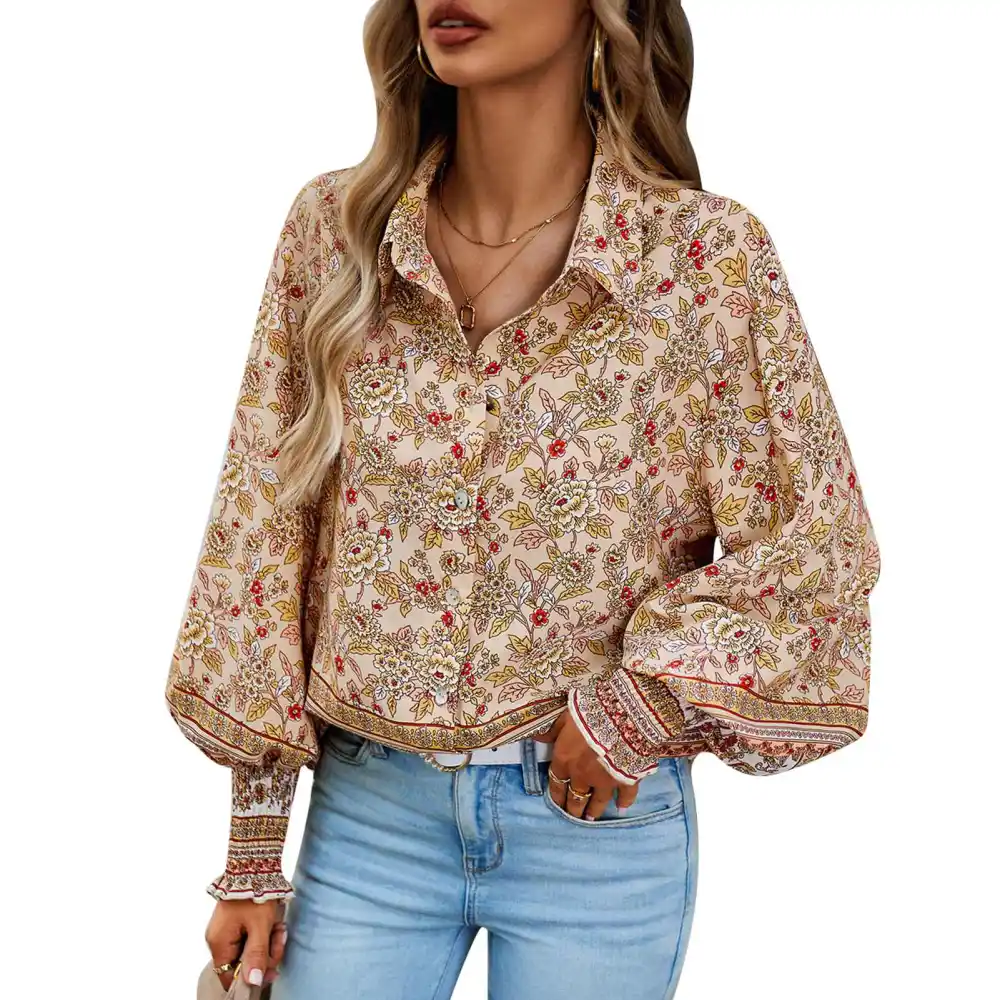 Woman Fashion Print Shirt Turn Down Collar Button Up Shirt Elastic Shirred Cuff Decoration Long Sleeve Shirt Apricot L