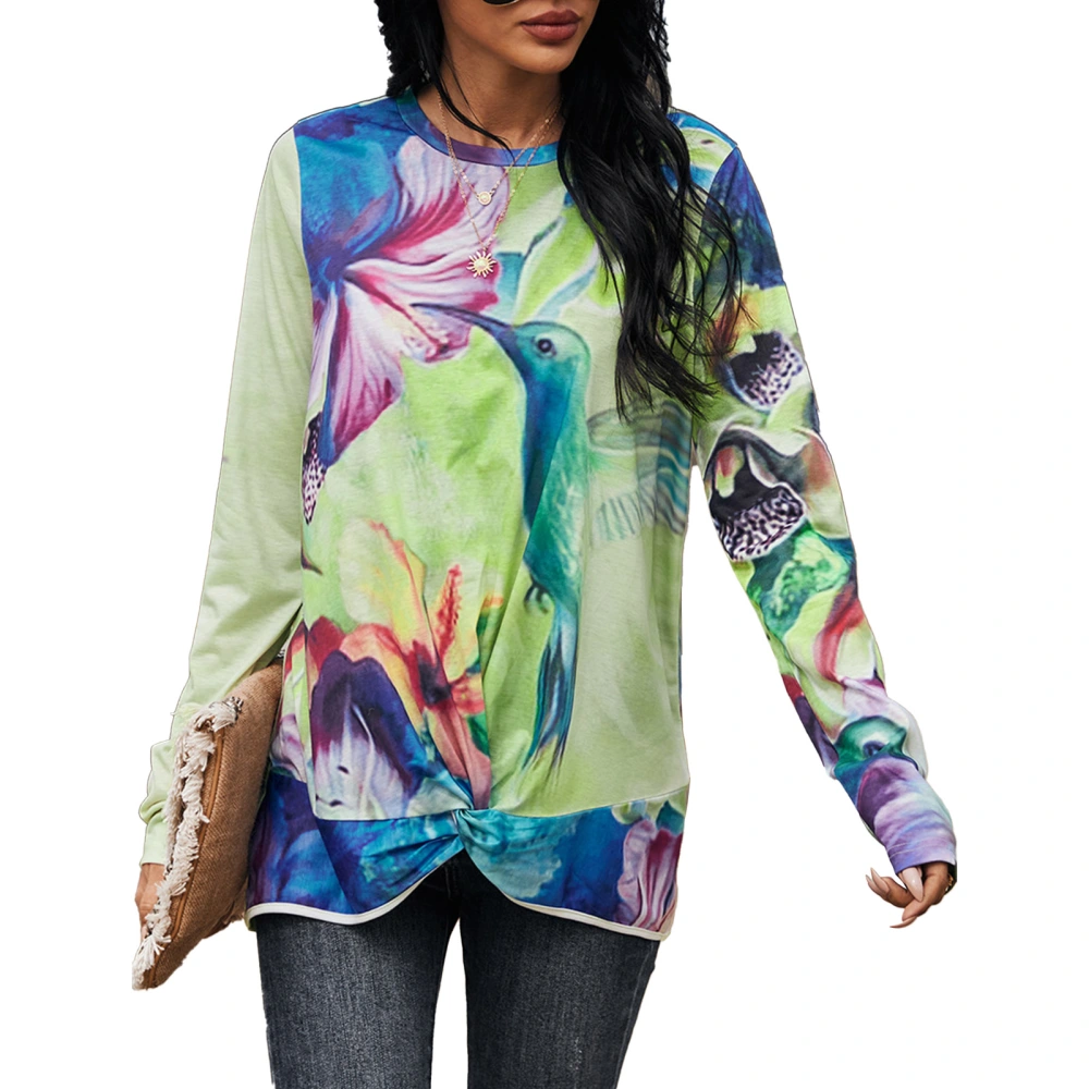 Women Graphic Printing Tunic Top Long Sleeve Twist Knot Loose Fit Crew Neck Pullover Shirt Yellow Green S