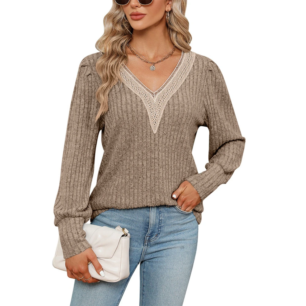 Women Long Sleeve V Neck Pullover Tops Autumn Fashion Casual Loose Lace Patchwork Women Long Sleeve Sweater Tops for Daily Party Khaki XL