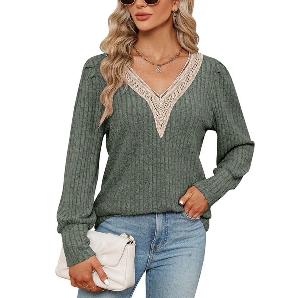 Women Long Sleeve V Neck Pullover Tops Autumn Fashion Casual Loose Lace Patchwork Women Long Sleeve Sweater Tops for Daily Party OD Green M