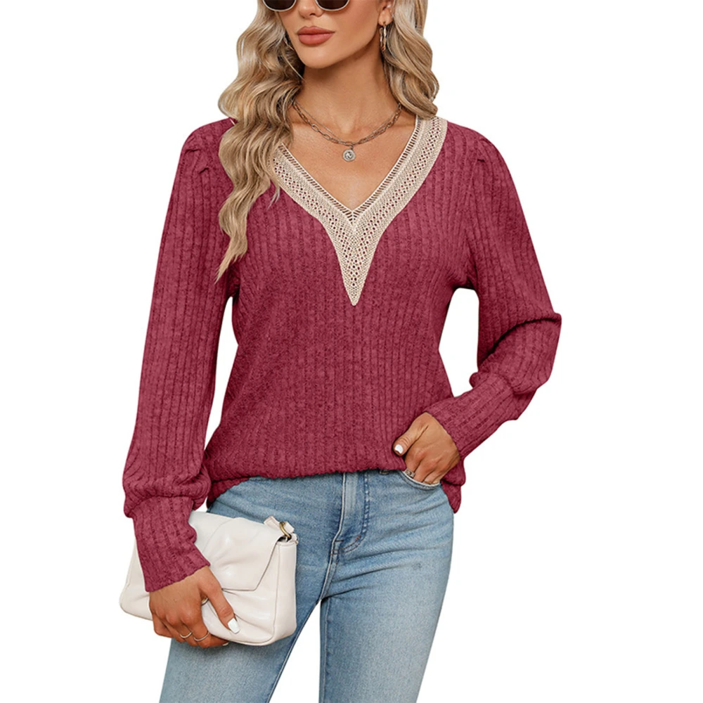 Women Long Sleeve V Neck Pullover Tops Autumn Fashion Casual Loose Lace Patchwork Women Long Sleeve Sweater Tops for Daily Party Wine Red XXL