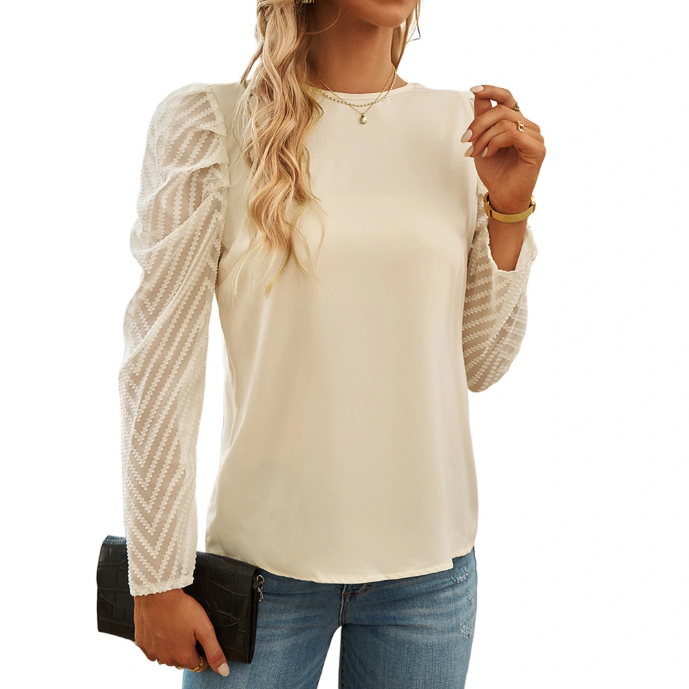 Women Round Neck Top Long Puff Sleeve Temperament Clothing for Commuting Home Autumn Apricot S