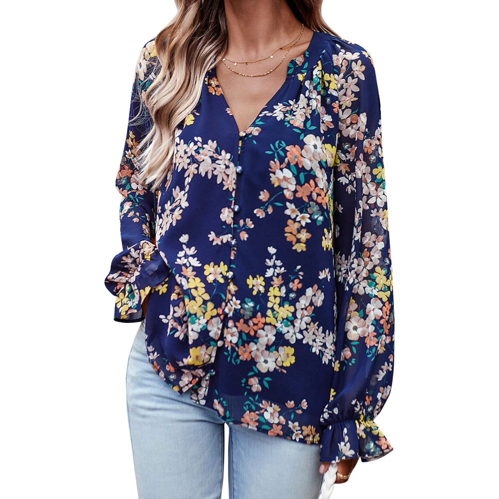 Women Long Sleeve Shirt V Neck Ruffle Cuffs Loose Fitting Casual Floral Printing Blouses for Daily Wear Purplish Blue XL