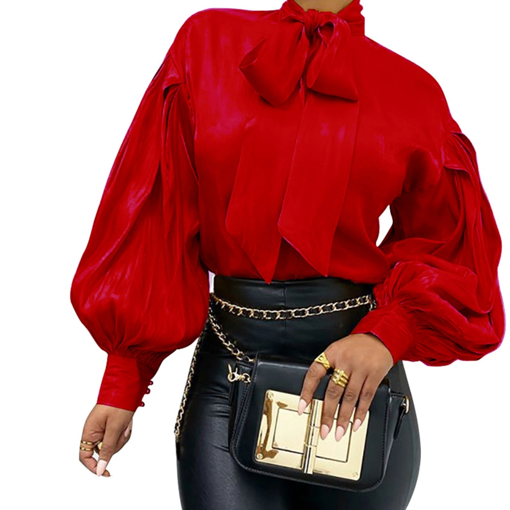 Women Long Sleeve Top Front Bow Tied Long Puff Sleeve Elegant Color Soft Loose Women Tunic Top for Party Office Outing Red S