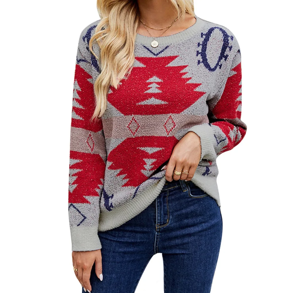 Women Christmas Pullover Sweater Crew Neck Long Sleeve Loose Fit Color Blocking Knitted Top Grey XL