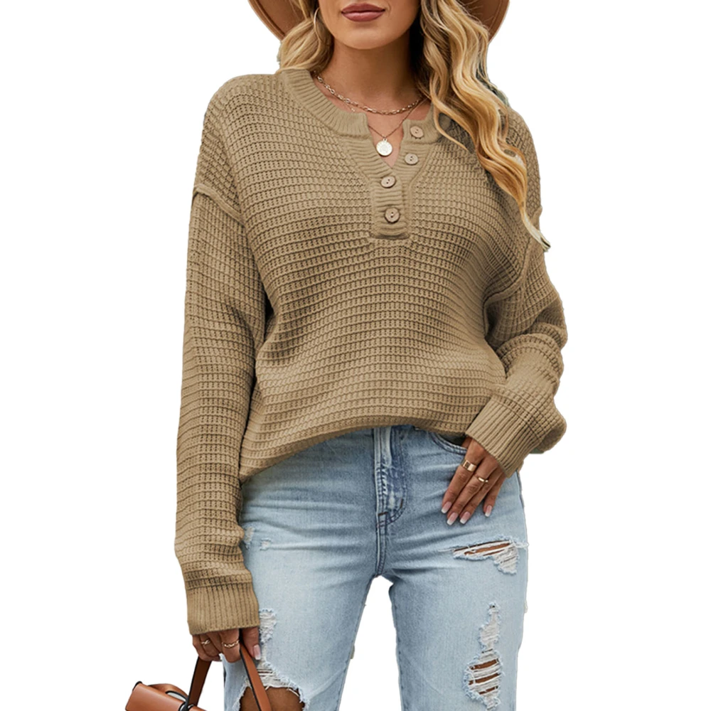 Woman Knit Round Neck Sweater Button Front Pure Color Long Sleeve Comfortable Pullover Sweater Khaki S