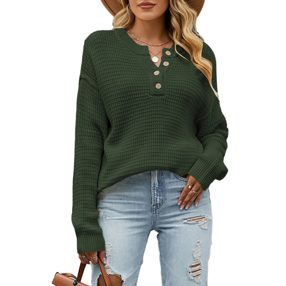 Woman Knit Round Neck Sweater Button Front Pure Color Long Sleeve Comfortable Pullover Sweater OD Green L