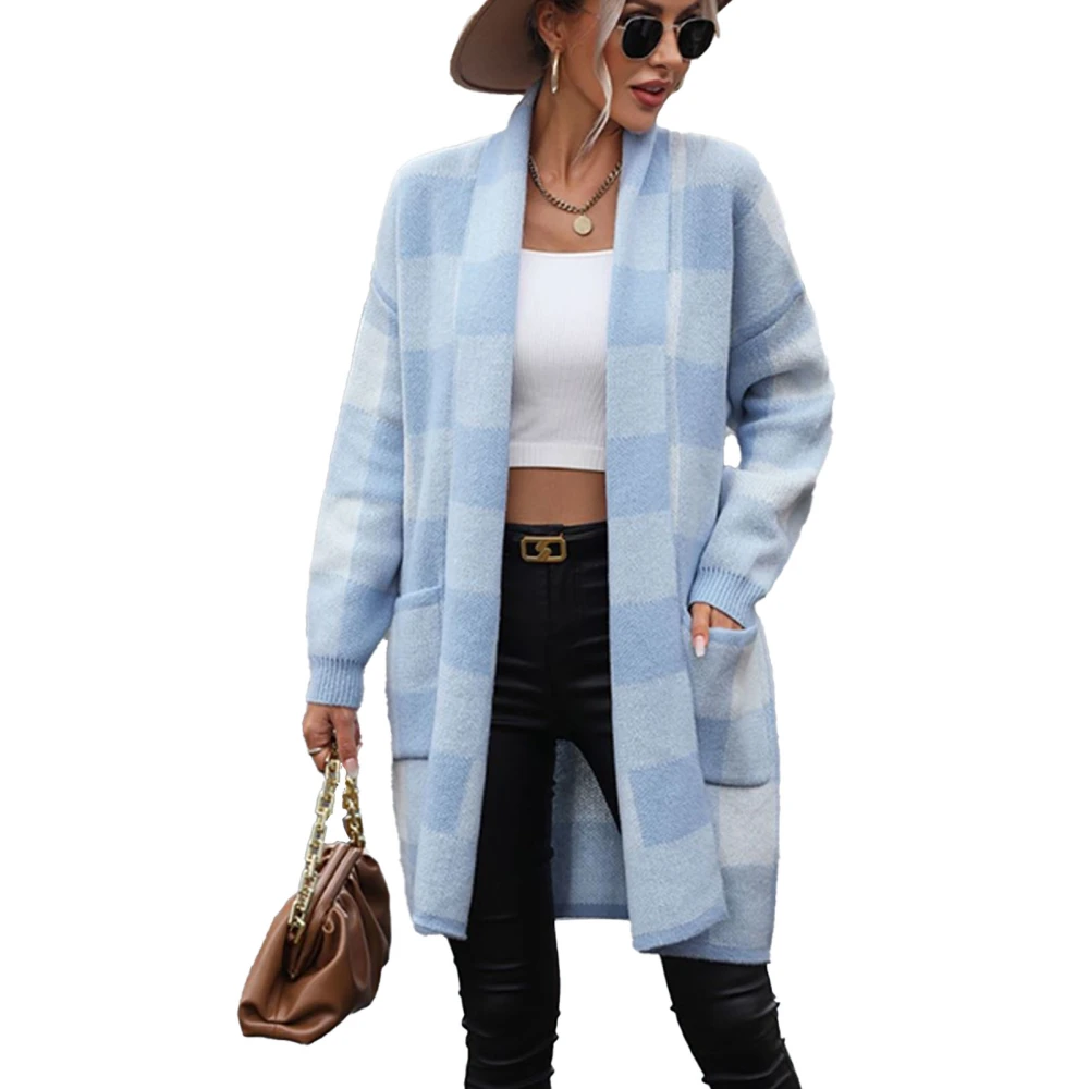 Women Knit Open Front Outwear Fashionable Loose Plaid Color Blocking Long Sleeve Open Front Sweater with Pockets Blue S