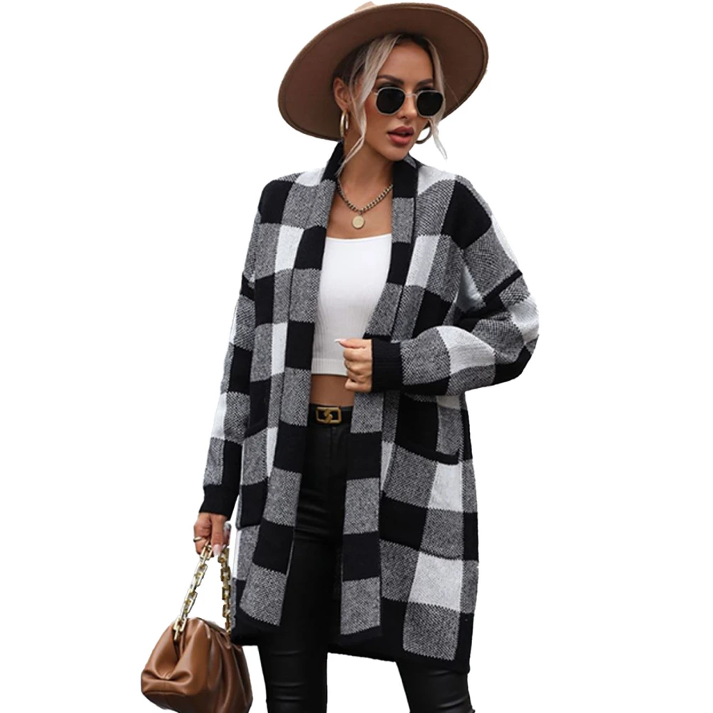 Women Knit Open Front Outwear Fashionable Loose Plaid Color Blocking Long Sleeve Open Front Sweater with Pockets Black S