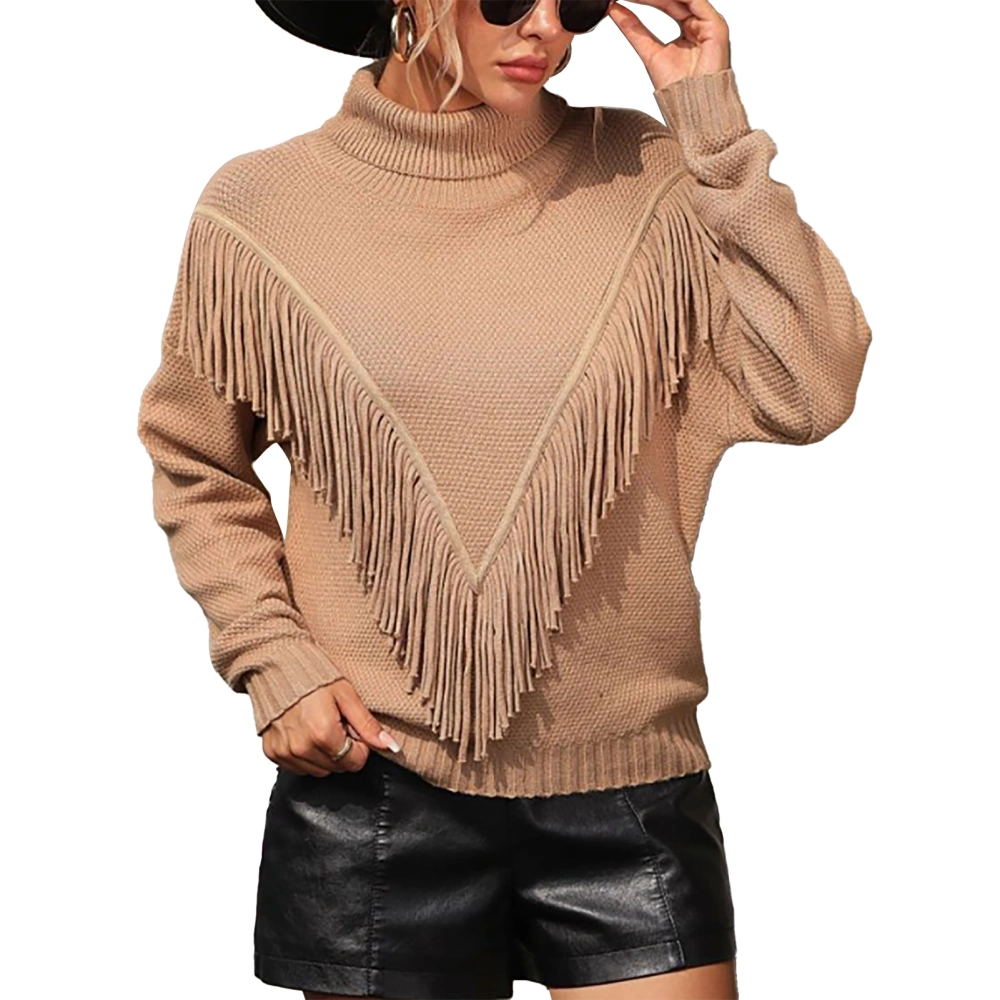 Women Knit Sweater High Neck Long Sleeve Pullover Fringe Tassel Trim Loose Comfortable Pure Color Women Sweater for Daily Khaki S